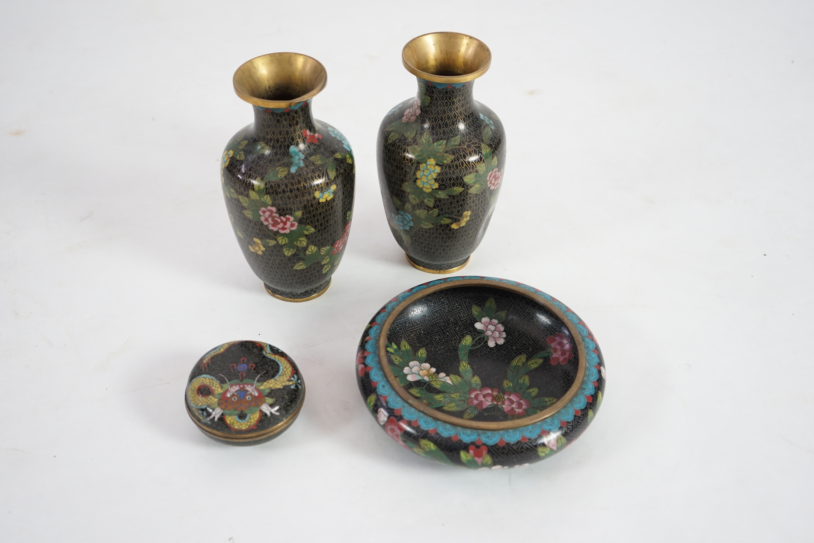 A group of modern Chinese black ground cloisonné wares